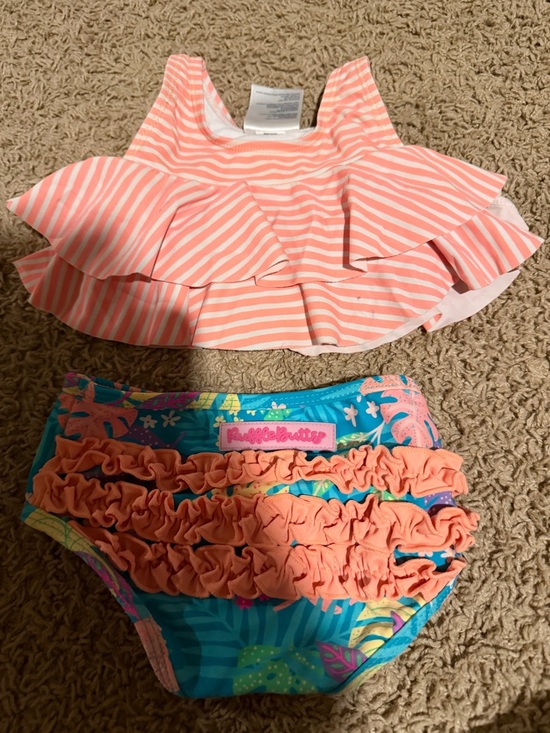 Ruffle Butts Other - Ruffle Butts Coral Stripe Ruffle Top & Teal Floral Ruffle Bikini Bottoms